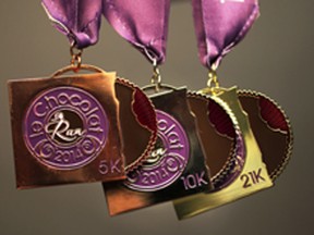 These medals will be placed around finishers of Le Chocolat  5 and 10 km and half marathon finishers on Sunday. (DAN JANISSE/The Windsor Star)