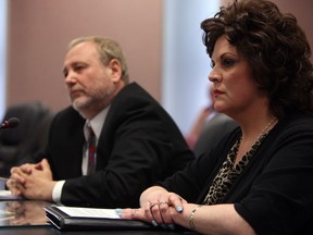 Larry Horwitz, left, and Deb Croucher from the DWBIA address city council at city hall in Windsor on May 5, 2014.   (TYLER BROWNBRIDGE/The Windsor Star)