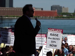 Patrick Hannon from Making Waves speaks during a CUPE rally at the Festival Plaza in Windsor on Friday, May 30, 2014. (TYLER BROWNBRIDGE/The Windsor Star)