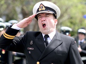 Lt. Antonio Chainho shouts commands during a ceremony commemorating the Battle of the Atlantic held at Dieppe Park on Sunday, May 4, 2014. (REBECCA WRIGHT/ The Windsor Star)