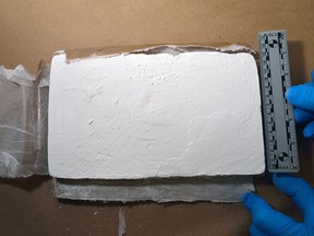 One of the bricks of cocaine seized by OPP in Project Greymouth, a 10-month joint forces investigation. Image supplied by OPP on May 22, 2014. (Handout / The Windsor Star)