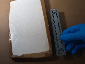 File photo of a cocaine brick seized in Project Greymouth supplied by OPP on May 22, 2014. (Handout / The Windsor Star)