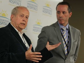 Ron Foster, left, vice president of public affairs, communications and philanthropy and executive director, Windsor/Essex Hospitals Foundation, and Bill Marra, senior director, partnerships, planning, communications and development at Hotel Dieu Grace Healthcare, speak at a news conference introducing the new Windsor/Essex Hospitals Foundation Friday, May 23, 2014.  (DAX MELMER/The Windsor Star)