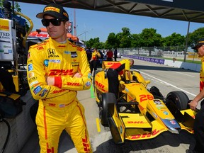 Ryan Hunter-Reay, driver of the No. 28 Andretti Autosport Dallara Honda, takes a break during practice for the Verizon IndyCar Series 2014 Chevrolet Detroit Belle Isle Grand Prix at the Raceway at Belle Isle Park on May 30, 2014 in Detroit, Michigan.  (Photo by Robert Laberge/Getty Images)