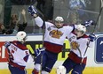 Edmonton's Edgars Kulda, centre, celebrates his goal against the Guelph Storm during the 2014 Memorial Cup championship game at Budweiser Gardens on May 25, 2014 in London, Ontario, Canada.  (Photo by Bruce Bennett/Getty Images)