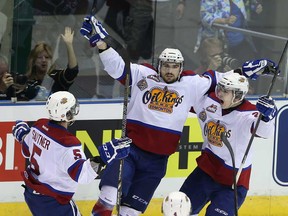 Edmonton's Edgars Kulda, centre, celebrates his goal against the Guelph Storm during the 2014 Memorial Cup championship game at Budweiser Gardens on May 25, 2014 in London, Ontario, Canada.  (Photo by Bruce Bennett/Getty Images)