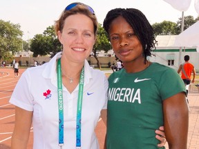 Athletics Canada coach Carla Nicholls, left, and Nigerian long jumper Comfort Chinelo Onyali. Coach Nicholls will be a speaker at the girls camp. (Courtesy of Athletics Canada)