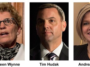 Ontario party leaders, Liberal Kathleen Wynne, left, Conservative Tim Hudak and NDP Andrea Horwath. (Canadian Press files)