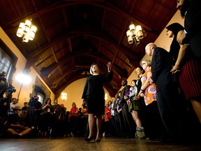 Ontario NDP leader Andrea Horwath delivers her campaign platform during a campaign stop in Toronto on Thursday, May 22, 2014. THE CANADIAN PRESS/Nathan Denette