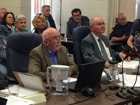 Amherstburg CAO Mike Phipps, centre, takes councillors through his report Tuesday that recommended the town sell it's shares in Essex Power to Chatham-Kent based Entegrus. (JULIE KOTSIS/The Windsor Star)