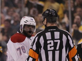 Montreal's P.K. Subban, left, argues with referee Eric Furlatt after a third period altercation with Boston's Shawn Thornton during Game 5 at the TD Garden on May 10, 2014 in Boston, Massachusetts.  The Bruins defeated the Canadians 4-2. (Photo by Bruce Bennett/Getty Images)
