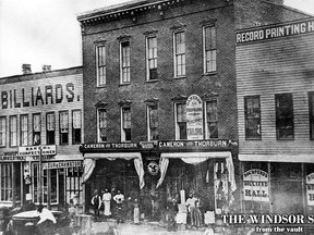 The first U.S. Consulate in Windsor is pictured in this undated file photo. Note the seal over the door in the centre between the awnings under the two signs "Cameron and Thorburn," forerunners of the present Bartlet, Macdonald and Gow Store. The photo was taken about the time of the first Dominion Day or shortly thereafter. This was a tense period in history when the Civil War was still raging. (FILES/The Windsor Star)
