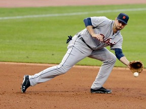 Detroit Tigers' Nick Castellanos fields a ball hit by Cleveland's Asdrubal Cabrera in the third inning Monday, May 19, 2014, in Cleveland. Cabrera was out at first base. (AP Photo/Tony Dejak)