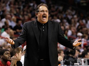 Stan Van Gundy reacts during Orlando's game against the Miami Heat at American Airlines Arena in 2012. The Detroit Pistons hired Van Gundy as coach and president. (Photo by Mike Ehrmann/Getty Images)