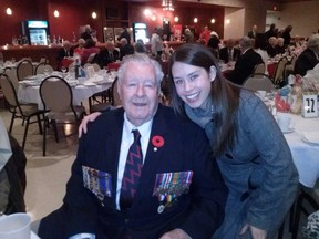 Veteran Charles Davis, shown here with his granddaughter Courtney Fitzpatrick, will be attending the 70th Anniversary of D-Day at Juno Beach on June 6, 2014 with his grandson Leonard Hudson. Davis landed at Juno Beach on June 10, 1944 and is one of the few remaining veterans of the battle. (Photo courtesy of the Davis Family)