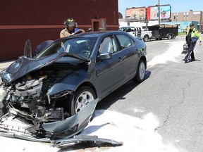 A vehicle involved in a four car crash at the intersection of Walker Rd. and Niagara St. is shown Tuesday, May 6, 2014, in Windsor, Ont.  (DAN JANISSE/The Windsor Star)