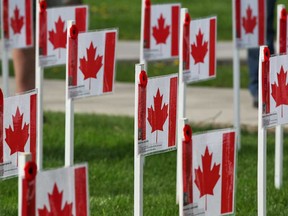 The National Day of Honour was recognized in Windsor, Ont. on Friday, May 9, 2014, during a ceremony at the downtown cenotaph. Some of the flags bearing the names of the 158 Canadian soldiers killed in Afghanistan are shown. (DAN JANISSE/The Windsor Star)