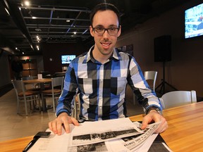 Graham Beatty is a history grad researching a documentary about Windsor families sent north to farm in Kapuskasing in the 1930s. He is shown recently in The Windsor Star News Cafe. (DAN JANISSE / The Windsor Star)