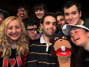 The Beaver Den cast from Korda Production Youth Group assemble for a photo at Kordazone Theatre earlier this week: Tracey Atin, left, Gemma Cunial, Noah Beemer, Matt Alexander, Hope Foreman, Kyle Pitre, Josh Mills, Justin Caruana (also as The Beaver) and Rebecca Latreille. (NICK BRANCACCIO / The Windsor Star)