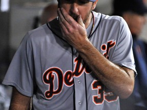 Tigers starting pitcher Justin Verlander reacts in the dugout after being pulled during the sixth inning against the  Chicago White Sox in Chicago. (AP Photo/Paul Beaty)