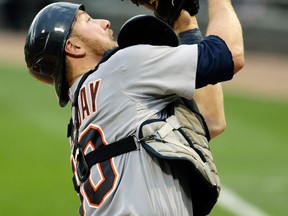 Tigers catcher Bryan Holaday catches a foul ball hit by Chicago's Gordon Beckham during the first inning in Chicago Thursday. (AP Photo/Nam Y. Huh)