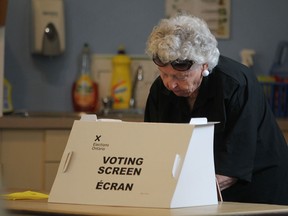 Eva Bedard, 87, votes at the Adie Knox Herman Community Centre polling station in Windsor West, Thursday, June 12, 2014. (DAX MELMER/The Windsor Star)