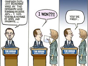 Alternate Ending: Mike Graston had a Tim Hudak victory cartoon prepared in advance out of an abundance of caution.
