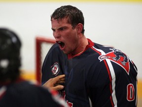 London goalkeeper Zach Grace reacts following a play against the Windsor Clippers in playoff action at Forest Glade Arena last year. (NICK BRANCACCIO/The Windsor Star)