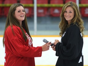 Sisters Tierney, left, and Brogan Probert participated in the inaugural Bob Probert Classic hockey game at Tecumseh Arena. (DAN JANISSE/The Windsor Star)