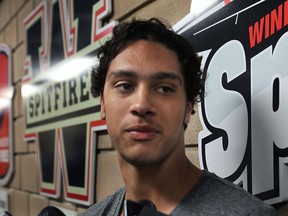 Newly acquired Windsor Spitfire Jalen Chatfield speaks to reporters at the WFCU Centre. (DAN JANISSE/The Windsor Star)