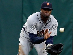 Tigers centre-fielder Rajai Davis catches a fly ball by Elvis Andrus of the Rangers in the first inning Wednesday. (AP Photo/Tony Gutierrez)
