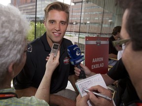 Belle River's Aaron Ekblad answers questions at the 2014 NHL Draft Top Prospects event Thursday at The National Constitution Center in Philadelphia,  (Photo by Mitchell Leff/Getty Images)