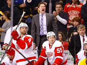 Wings coach Mike Babcock yells to his players in the final minute of the third period against the Boston Bruins in Game 1 of the playoffs at TD Garden. (Photo by Jared Wickerham/Getty Images)
