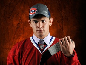 Spits centre Brady Vail poses for a photo after being selected by the Montreal Canadiens in 2012 in Pittsburgh. (Photo by Jamie Sabau/Getty Images)