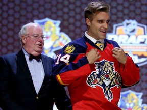 Aaron Ekblad is selected first overall by the Florida Panthers during the 2014 NHL Draft at the Wells Fargo Center on June 27, 2014 in Philadelphia, Pennsylvania.  (Photo by Bruce Bennett/Getty Images)