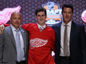 Dylan Larkin was selected 15th overall by the Detroit Red Wings in the first round of the 2014 NHL Draft at the Wells Fargo Center on June 27, 2014 in Philadelphia, Pennsylvania.
