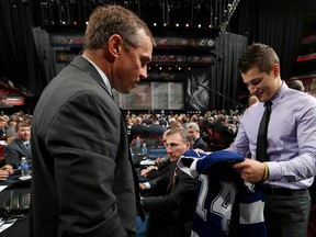 Cristiano Digiacinto meets his team after being drafted 170th by the Tampa Bay Lightning on Day 2 of the 2014 NHL Draft at the Wells Fargo Center on June 28, 2014 in Philadelphia.  (Photo by Bruce Bennett/Getty Images)