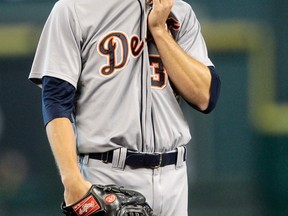 Tigers pitcher Drew Smyly reacts in the third inning against the Houston Astros at Minute Maid Park on June 29, 2014 in Houston, Texas.  (Bob Levey/Getty Images)