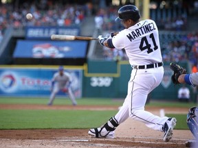 Detroit's Victor Martinez hits the ball against the Jays Tuesday at Comerica Park. (DAX MELMER/The Windsor Star)