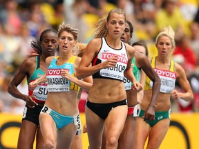 U of W grad Melissa Bishop, front, competes in the women's 800 metres at the 14th IAAF World Athletics Championships in Moscow. (Photo by Julian Finney/Getty Images)
