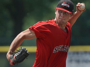 WIndsor Selects pitcher, Matt Glasmann pitches against the London Badgers at Cullen Field. (DAX MELMER/The Windsor Star)