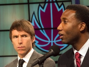 NBA all-star Steve Nash, left, and Rowan Barrett, the general manager of Canada's senior men's basketball team, speak to the members of the media at Toronto's Air Canada Centre. (NATIONAL POST STAFF PHOTO)