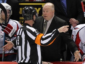 Washington Capitals coach Bruce Boudreau talks to referee Dan O'Rourke against the Montreal Canadiens at the Bell Centre in 2010. (MONTREAL GAZETTE/John Mahoney)