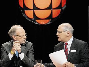 The Conservative party's public attacks on the CBC have been 'wilfully destructive,' says a newly uncovered letter to Prime Minister Stephen Harper from the broadcaster's Tory-appointed former chair Tim Casgrain, left, here with CEO Hubert Lacroix in 2009.
(Pawel Dwulit, The Canadian Press)