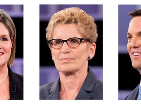 Ontario political party leaders (left to right) Andrea Horwath, Kathleen Wynne and Tim Hudak are shown in June 3, 2014 file photo.Uninspiring choices at the ballot box, negative campaigns and unprecedented involvement from organized labour have political observers worried that the upcoming Ontario election will be marred by yet another disappointing voter turnout. (/Nathan Denette/The Canadian Press)