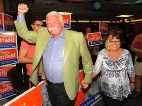 Percy Hatfield and his wife Gale Simcoe-Hatfield celebrate his reelection at the Royal Canadian Legion Branch 255 in Windsor, Ont. (DAN JANISSE/The Windsor Star)