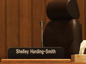 The seat of Greater Essex County District School Board trustee Shelley Harding-Smith was empty during a board meeting Tuesday, June 3, 2014, as she participated via teleconference. (DAN JANISSE/The Windsor Star)