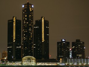 WINDSOR, ONT.: MARCH 28, 2009 -- In this file photo, a view of the  Detroit, Michigan skyline as seen from Windsor, Ont., on March 28, 2009.  The General Motors headquarters turned off marquees and non-essential exterior lighting to participate in Earth Hour, a global initiative by the World Wildlife Fund to focus attention on the threat of climate change.  (Jason Kryk/ The Windsor Star)