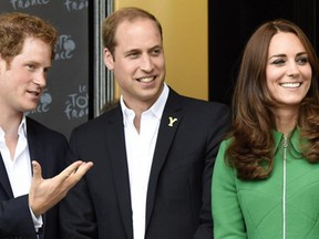 Prince William, Duchess Kate and Prince Harry are pictured on the podium at the end of the 190.5 km first stage of the 101st edition of the Tour de France.
CYCLING-FRA-GBR-TDF2014-ROYALS
Britain's Prince William, Duke of Cambridge (L), and Britain's Catherine, Duchess of Cambridge (C) take part in the ribbon-cutting ceremony as Britain's Christopher Froome (R) looks on before the start of the 190.5 km first stage of the 101st edition of the Tour de France cycling race on July 5, 2014 between Leeds and Harrogate, northern England. The 2014 Tour de France gets underway on July 5 in the streets of Leeds and ends on July 27 down the Champs-Elysees in Paris. AFP PHOTO / ERIC FEFERBERGERIC FEFERBERG/AFP/Getty Images
CYCLING-FRA-GBR-TDF2014-PODIUM-ROYALS
Prince William and Duchess Kate are pictured on the podium at the end of the 190.5 km first stage of the 101st edition of the Tour de France. Lionel Bonaventure, AFP/Getty Images.
The Duke & Duchess of Cambridge And Prince Harry Attend The Tour De France Grand Depart
Duchess Kate watches as Mark Cavendish falls from his bike near the finish line of Stage 1 of the Tour De France. Chris Jackson, WPA Pool/Getty Images.
The Duke & Duchess of Cambridge And Prince Harry Attend The Tour De France Grand Depart
Prince Harry, Prince William, and Catherine, Duchess of Cambridge walk along the street to celebrate the start of the Tour de France. Scott Heppell, WPA Pool/Getty Images.
The Duke & Duchess of Cambridge And Prince Harry Attend The Tour De France Grand Depart
Prince Harry, Prince William, and Catherine, Duchess of Cambridge walk along the street to celebrate the start of the Tour de France. Scott Heppell, WPA Pool/Getty Images.
The Duke & Duchess of Cambridge And Prince Harry Attend The Tour De France Grand Depart
Duchess Kate talks to Geraint Thomas of Team Sky as Mark Cavendish of Omega Pharma-Quick Step looks on before the start of the Tour de France on July 5, 2014 at West Tanfield, Yorkshire, England. Asadour Guzelian, WPA Pool/Getty Images.
The Duke & Duchess of Cambridge And Prince Harry Attend The Tour De France Grand Depart
Duchess Kate and Prince William watch riders at the finish line of Stage 1 of the Tour De France. Chris Jackson, WPA Pool/Getty Images.
The Duke & Duchess of Cambridge And Prince Harry Attend The Tour De France Grand Depart
William, Kate and Harry watch riders at the finish line. Chris Jackson, Getty Images.
The Duke & Duchess of Cambridge And Prince Harry Attend The Tour De France Grand Depart
Chris Jackson, Getty Images.
Kate Duchess of Cambridge, Prince William, Prince Harry
Chris Jackson, Pool/AP Photo.
Kate Duchess of Cambridge, Prince William, Prince Harry
Kate, Duchess of Cambridge, Prince William, Duke of Cambridge, rear, and Prince Harry watch as Mark Cavendish falls from his bike near the finish line of Stage 1 of the Tour De France. Chris Jackson, Pool/AP Photo.
CYCLING-FRA-GBR-TDF2014-ROYALS
Anna Gowthorpe, AFP/Getty Images.
CYCLING-FRA-GBR-TDF2014-ROYALS
Catherine, Duchess of Cambridge and Prince William, Duke of Cambridge arrive in West Tanfield, northern England on July 5 for the start of the Tour de France. Anna Gowthorpe, AFP/Getty Images.
The Duke & Duchess of Cambridge And Prince Harry Attend The Tour De France Grand Depart
Chris Jackson, Getty Images.
The Duke & Duchess of Cambridge And Prince Harry Attend The Tour De France Grand Depart
Catherine, Duchess of Cambridge waves as she leaves the finish line of stage one of the Tour De France. Chris Jackson, Pool/AP Photo.
The Duke & Duchess of Cambridge And Prince Harry Attend The Tour De France Grand Depart
Prince Harry, Prince William and Catherine, Duchess of Cambridge watch riders at the finish line of Stage 1. Chris Jackson, WPA Pool/Getty Images.
Kate Duchess of Cambridge, Prince William, Prince Harry
Kate, Duchess of Cambridge, Prince William and Prince Harry, right, watch for riders approaching the finish line. Chris Jackson, Pool/AP Photo.
The Duke & Duchess of Cambridge And Prince Harry Attend The Tour De France Grand Depart
Anna Gowthorpe, WPA Pool/Getty Images.
The Duke & Duchess of Cambridge And Prince Harry Attend The Tour De France Grand Depart
Prince Harry smiles prior the start of the Tour de France. Anna Gowthorpe, WPA Pool/Getty Images.
The Duke & Duchess of Cambridge And Prince Harry Attend The Tour De France Grand Depart
Chris Jackson, WPA Pool/Getty Images.
The Duke & Duchess of Cambridge And Prince Harry Attend The Tour De France Grand Depart
Chris Jackson, WPA Pool/Getty Images.
The Duke & Duchess of Cambridge And Prince Harry Attend The Tour De France Grand Depart
Chris Jackson, WPA Pool/Getty Images.
The Duke & Duchess of Cambridge And Prince Harry Attend The Tour De France Grand Depart
Chris Jackson, WPA Pool/Getty Images.
The Duke & Duchess of Cambridge And Prince Harry Attend The Tour De France Grand Depart
Prince William and Duchess Kate share a laugh on the podium at the finish line of Stage 1. Chris Jackson, WPA Pool/Getty Images.