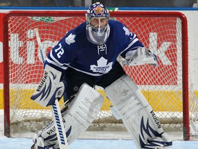 Former Spits goalie Andrew Engelage waits for a shot in an exhibition game between the Leafs and Senators at the John Labatt Centre in London. (Photo by Claus Andersen/Getty Images)